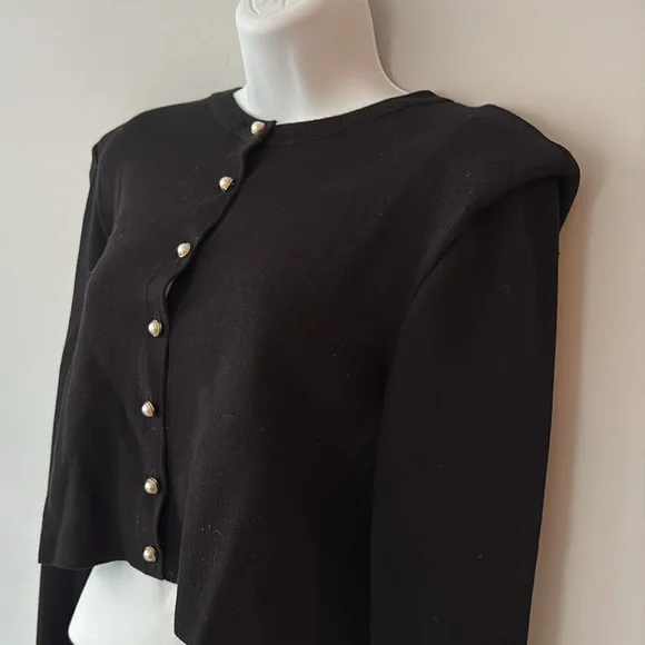 Zara Black Viscose Knit Cardigan with Padded Shoulders and Pearl Buttons - Picture 10 of 10